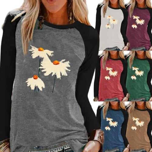 Women Autumn Fashion Casual Long Sleeve Round Neck Top Loose T-shirt Pullover Sweatshirt Oversized Flowers Print Ladies T-shirt