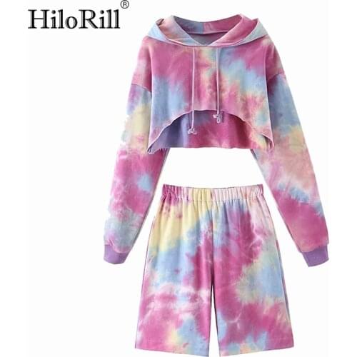 HiloRill Tie Dye Print 2 Piece Set Women Streetwear Batwing Sleeve Hooded Crop Tops + Elastic Waist Half Pants Two Piece Outfits