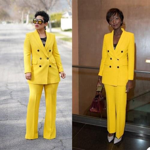 Loose Women Casual Blazer Suits Yellow Double Breasted Shawl Lapel Wide Legs Pants Office Lady Red Carpet Jacket 2 Pieces Set
