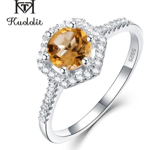 Kuololit Natural Citrine Gemstone Rings for Women 925 Sterling Silver Round Cut Stone Ring Wedding Engagement Gift Fine Jewelry