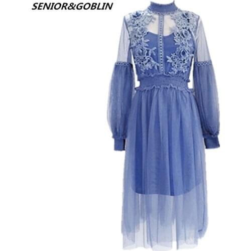 Newest 2019 High Quality Runway Designer Sexy Vestidos Party Dress Women Lace Patchwork High Waist Perspective Gauze Long Dress