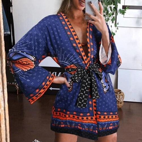 2021 Mini Dress Deep V-neck Breathable Long Sleeve Women Laced Print Dress Summer Ladies Elegant A-Line Party Swimwears Vestidos