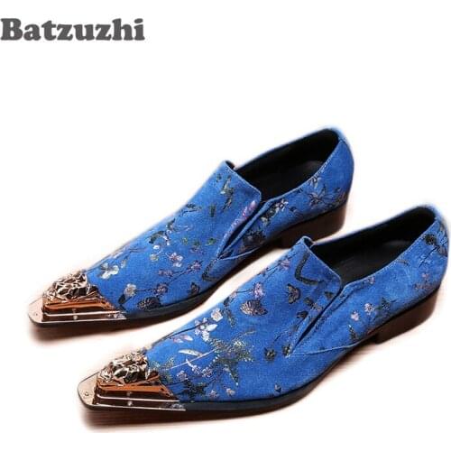 Batzuzhi Blue Leather Business Shoes Shoes Italian Type Leather Mens Dress Shoes Pointed Metal Toe Party and Wedding Zapatos