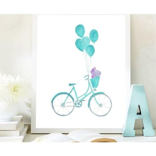 Turquoise Watercolor Bicycle Balloons Print Nordic Poster Cute Bike Flowers Art Canvas Painting Picture Nursery Wall Art Decor