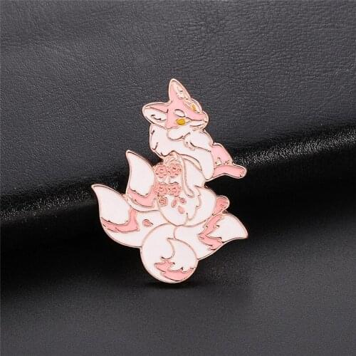 Four Tailed Flower Fox Hard Brooch Unique Kitsunes Cartoon Plant Pastel Sakura Lapel Pin Clothing Hats backpack Jeans Accessorie