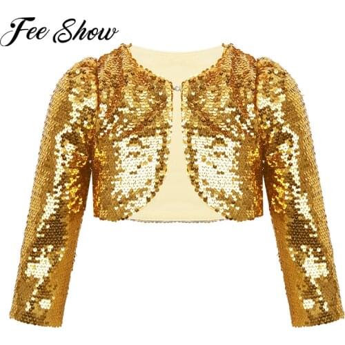 Children Kids Girls Sequins Long Sleeves Blazer Bolero Shrug Short Jacket Birthday Party Stage Performance Jazz Dance Costume