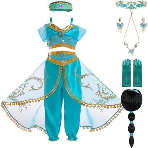 Kid Aladdin and the Magic Lamps Princess Jasmine Costumes Top Pants Set with Headband Girl Jasmine Birthday Party Dress Cosplay