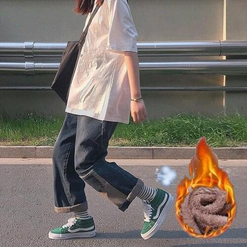 Jeans Women High Waist Plus Velvet Trousers Female Simple Vintage Patchwork Harajuku Students Korean Style Oversized Trendy Jean