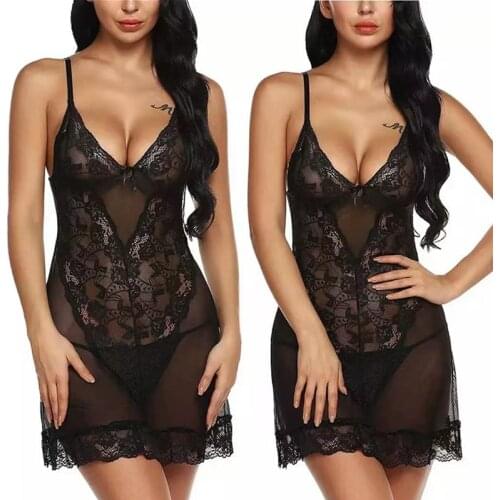 2021 Hot Sale Sexy V-neck Lingerie Night Dress Sleeveless Ladies Hollow Nightgown Plus Size See Through Lace Sleepwear Nightwear