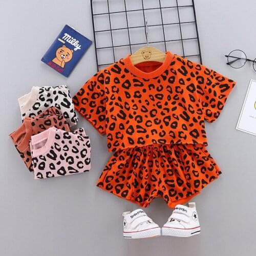Girls Clothes Sets 2021 New Summer Leopard Print Loose Short Sleeve + Shorts Fashion Kids Clothes Cute Casual Clothing Sets