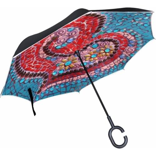 Creative Heart Print Double Layer Inverted Umbrella Self Stand Inside Out Rain Protection Long C-Hook Hands For Car