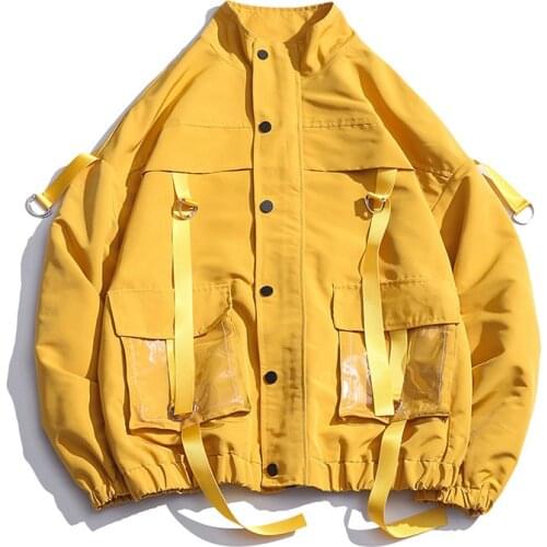 Mens Military Bomber Jacket Coat Oversized Loose Outwear Solid Ribbons Pockets Windbreakers Streetwear Hip Hop Unisex Jacket
