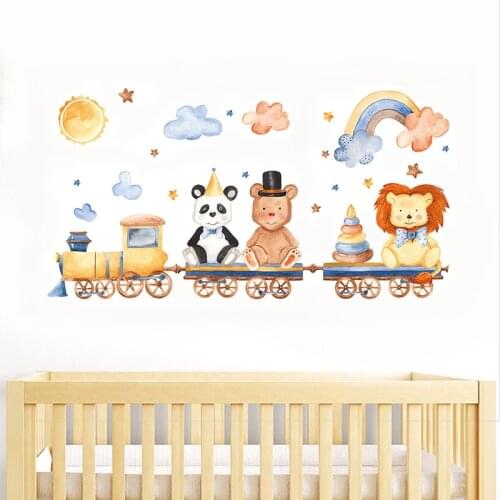Cartoon Animnal Lion Bear Panda Train Wall Stickers for Kids Room Bedroom Home Decor Wall Decals Baby Nursery Home Decoration