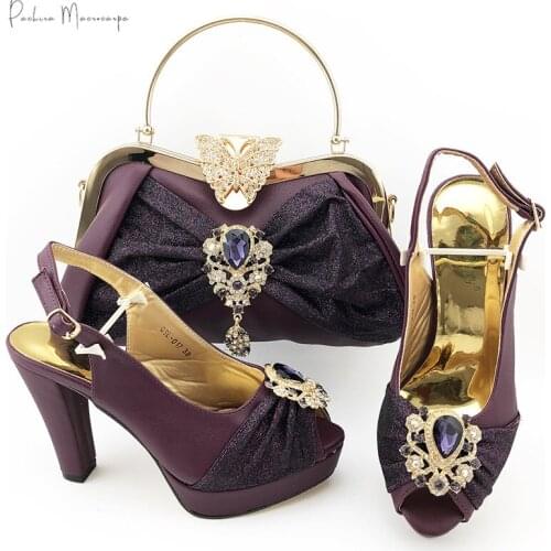 Newest Italian Design Fashionable African Ladies Nigerian Shoes with Matching Bags in Purple Color for Royal Wedding Party