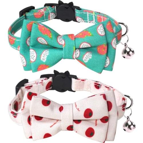 Breakaway Cat Collar with Bell and Accessories Cherry Printing Kitten Collar Bowtie Safety for Kitty 10 Colors Adjustable