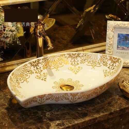 Oval Jingdezhen Bathroom ceramic sink wash basin Counter Top Wash Basin Bathroom Sinks white with gold pattern bathroom sink
