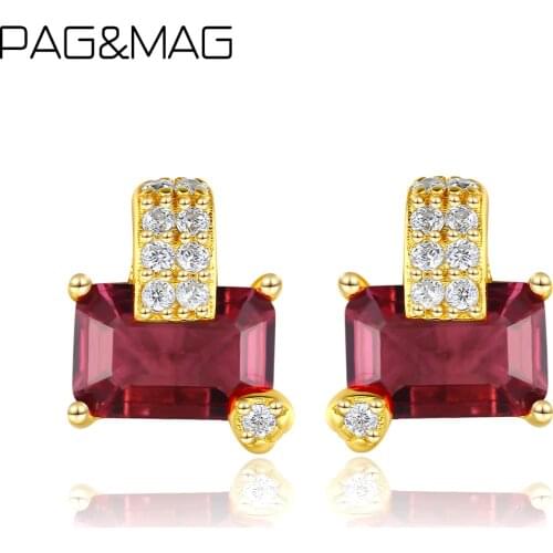 PAG&MAG Elegant Red Cubic Zircon Square Heart Stud Earrings For Women 925 Sterling Silver Earrings Fine Jewelry Earrings Gifts