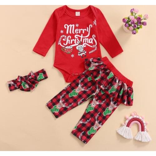 Christmas Toddler Girls Clothes Baby Girl Letter Romper Reindeer Pants+Headband Kids Xmas 3pcs Outfits Baby Clothing