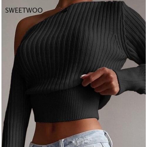 Sexy Off Shoulder Women' Sweater Jumper Spring Long Sleeve Knitted Crop Tops Fashion Solid Lady Pullover Sweaters Streetwear