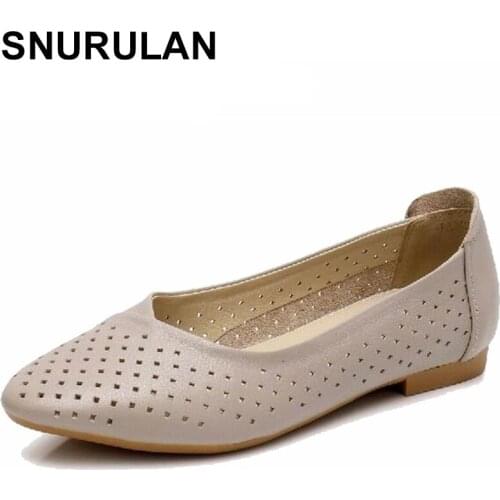 SNURULAN Women Flats Summer Ballet Shoes Genuine Leather Cut Out Comfortable Breathable Casual Flat Shoes Female FootwearE364