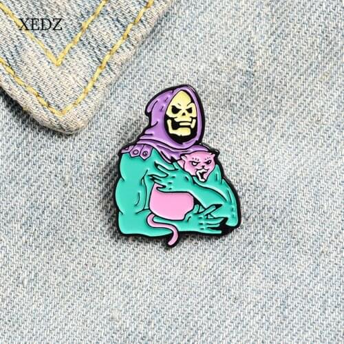 XEDZ Cartoon horror halloween green ghost purple hat cat enamel pin male and female metal badge punk clothes lapel brooch gift