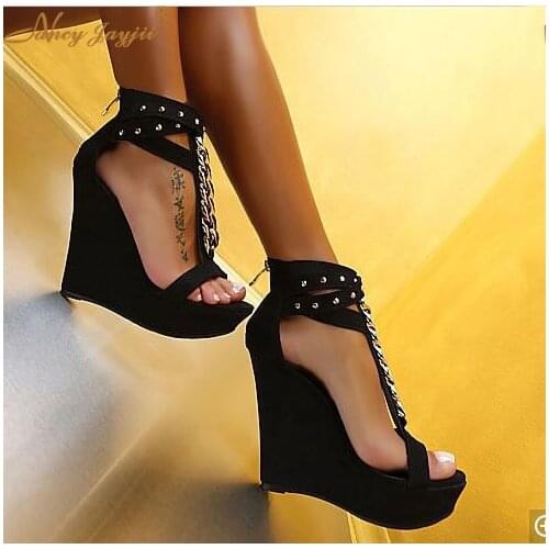 Womens 2021 Fashion Mature Rivets Wedges Sandals Ankle strap HIgh Heel Flock Sandals Mental Chains Cover Heel Platform Shoes