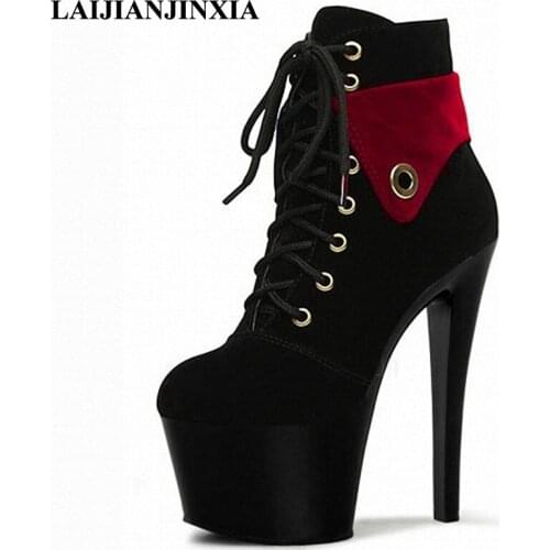 LAIJIANJINXIA New Sexy Spring Women Pole Dance Shoes Night Club Party Dancing Shoes Platform 17cm High Heels Ankle Boots