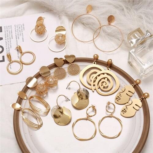 IF YOU Vintage Metal Geometric Earrings For Women Trendy Gold Color Round Hanging Drop Dangle Earrings Statement Fashion Jewelry