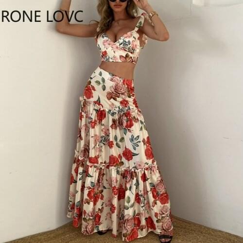 Women Floral Print Ruffles Top & Frill Hem Maxi Skirt Set Women Fashion Chic Sexy Party Set
