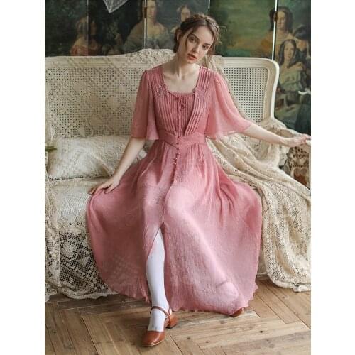 Women Dress Spring Summer Dress Mori Girls Sweet Elegant SLim Embroidery Retro Organ Pleated Long Dress Chiffon Pink Maxi Dress