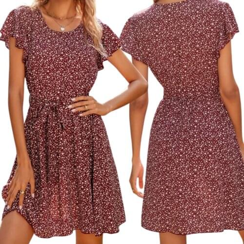 Women Boho Casual Dress, Maroon Floral Printed Pattern Round Collar Short Sleeve Pleated One-piece Summer 2021
