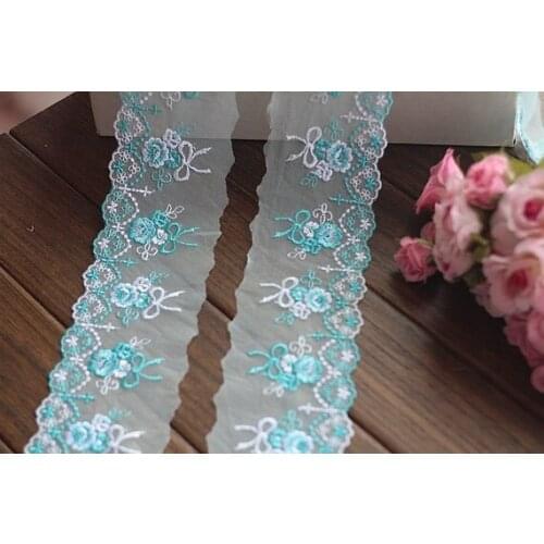 2 Yards Lace Trim Blue Floral Bow Embroidered Tulle Lace Trim 3.14 Inches Wide High Quality