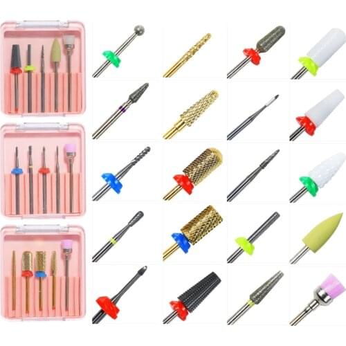 5pcs Mix Carbide Tungsten 5 In 1 Nail Drill Bit Brush Straight Cut Drill Bit with Prevent Dust Nail Drill Plastic Protection Cap