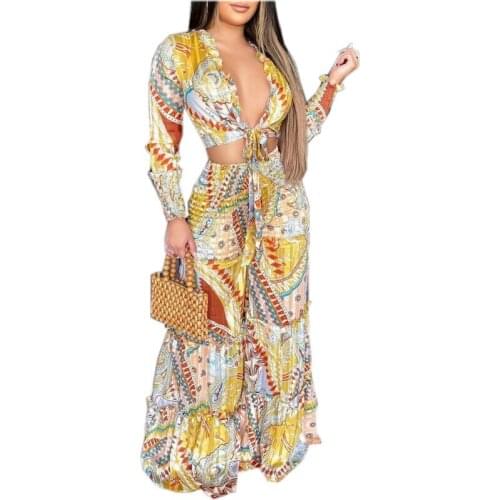 Pant Suit Sexy Long-Sleeved Top + Wide-Leg Pants Two-Piece Urban Casual African Womens 2021 Fall Dashiki Series Loose Clothing