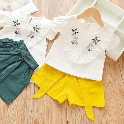 Children Clothes Spring Cartoon Baby Girls Short Sleeve Embroidery Causal Shirts Pants 2Pcs/sets Kid Fashion Toddler Tracksuits