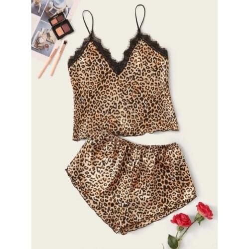 Women Summer Sexy Satin Silk Leopard Pajama Sets Homewear 2pcs Camis Top with Shorts Lingerie Sets for Honeymoon Exotic Sets