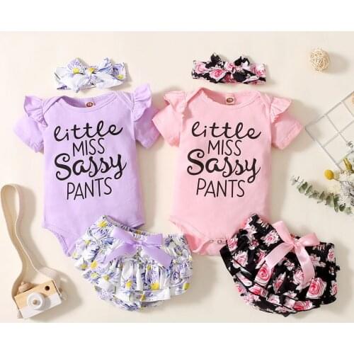 Newborn Baby Girl Clothes Set 3pcs Short Sleeve Romper + Shorts + Bow Headband Summer Clothing