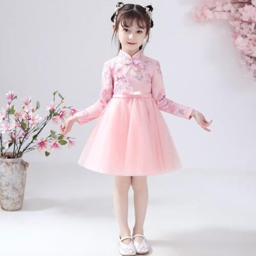 Lace Embroidery Flower Girls Dresses Kids Chinese Cheongsam Dress Baby Girls Elegant Traditional Chinese New Year Dress