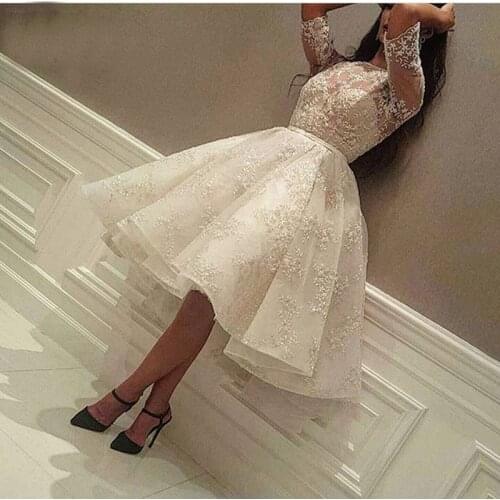 Fashion Ivory Short Prom Dress Lace Applique Beads Half Sleeve Knee Length Dubai Arabic Short Cocktail Dress Party Gowns
