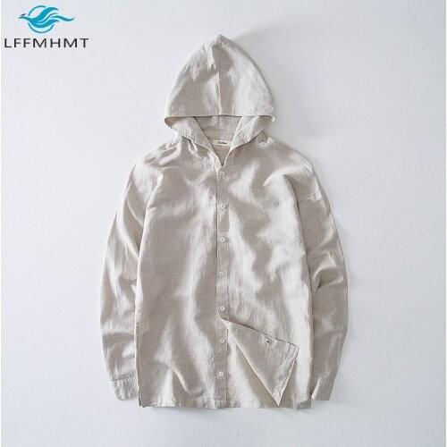 Men Spring Autumn Fashion High Quality Linen Solid Color Long Sleeve Hooded Shirts Male Casual Simple Japan Style Simple Tops