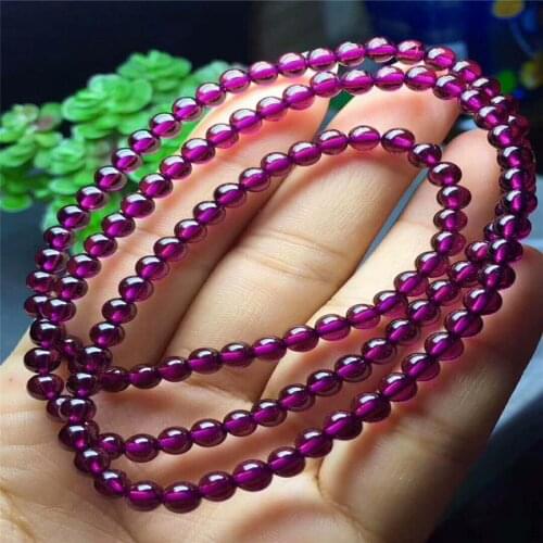 Genuine Natural Purple Red Garnet Crystal Round Bead Fashion Jewelry Charm Three Laps Bracelet