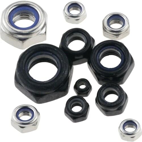 Nylon Lock Nuts 304 Stainless Steel OR Black Carbon Steel Hex Hexagon Locknut M2 M2.5 M3 M4 M5 M6 M8 M10 Nylon Nut DIN985