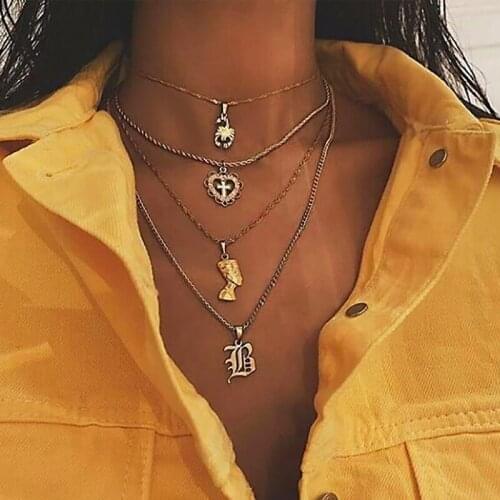 Trendytime new bohemian geometric gold fash multi layer pendant necklace for women jewerly fashion cross charm chain necklace