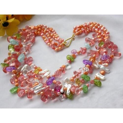 Freshwater Pearl Necklace,4Rows 19inches Multicolor Crystal Pink Rice Cultured Pearl Jewellery,New Free Shipping