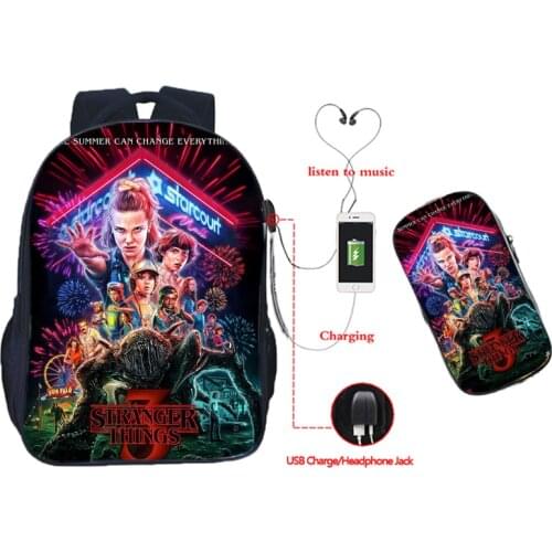 Hot Stranger Things Season 3 USB Charge Backpack Men Women Boys Girls Teens Rucksack School Backpack Back to School Bag Gift