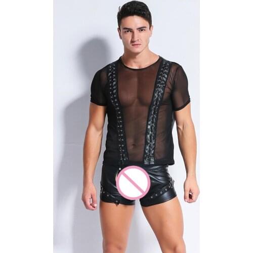 Sexy Men Gothic Mesh PU Faux Leather Patchwork T-Shirts Bandage Cool Men Night Tight Shirts Leather Slim Shirt Plus Size F40