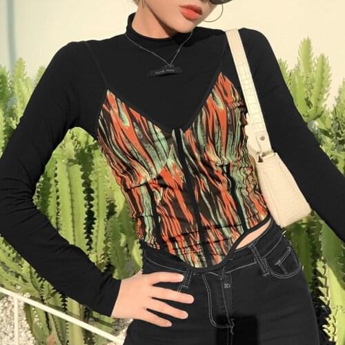 SEASONS Fashion Tie Dye Straped Camis And Turtleneck T-shirts 2 Piece Outfits Aesthetics Slim Long Sleeve Black Top ASTS82142