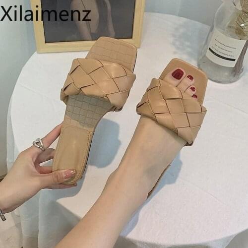 Women Weave Slippers 2021 Summer New Trend Simple Flat Shoes Ladies Diamond Lattice Mules Shoes Sexy Open Toe Ladies Flip Flop
