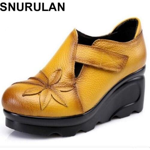 SNURULAN High Cowhide Genuine Leather Shoes Women Shoes High Heels 2020 New Spring Fashionable Leisure Shoes Wedges Women Pumps
