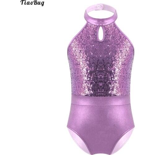 TiaoBug Kids Girls Stylish Dance Wear Sleeveless Sparkling Sequins Button Closure Collar Patchwork Style Backless Leotards